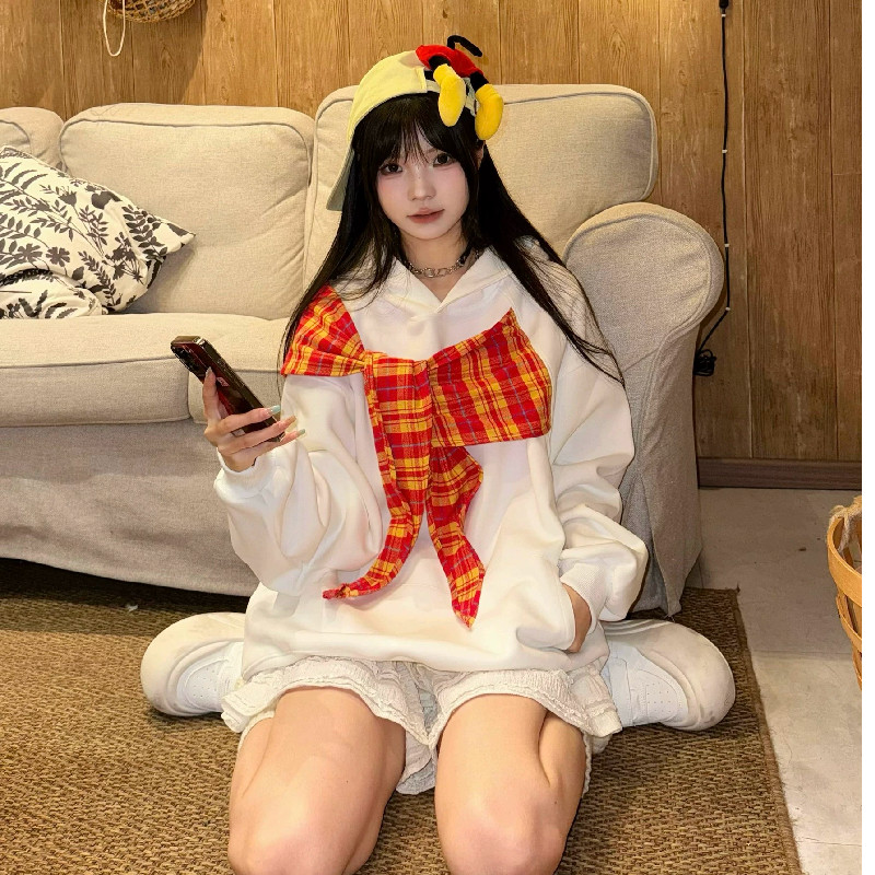 美式学院风蝴蝶结绑带连帽卫衣男女款多巴胺慵懒气质宽松上衣新款