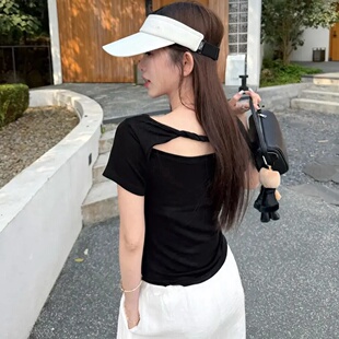 韩系一字肩斜肩短袖t恤女2026新款春夏舒适收腰修身露肩荡领上衣