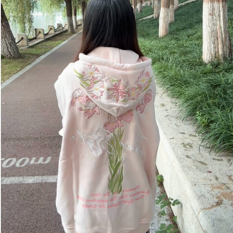 美式高街重工刺绣花朵连帽卫衣女宽松设计感小众加绒加厚开衫外套
