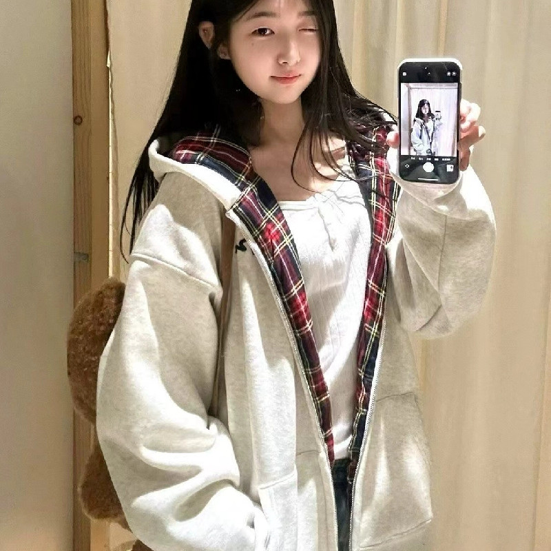 美式复古灰色连帽卫衣开衫外套男女秋冬格子拼接慵懒宽松情侣帽衫