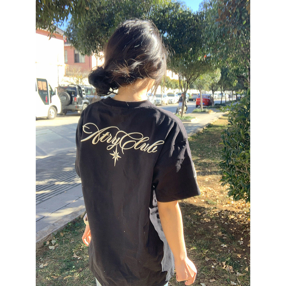 美式复古北极星刺绣字母短袖t恤男女款夏季新款初中高中学生上衣