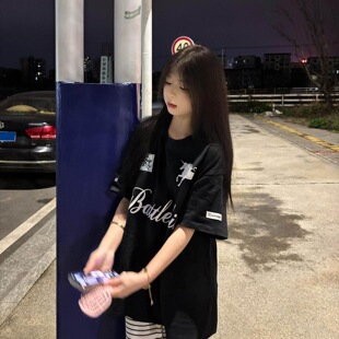美式复古小马刺绣短袖t恤女夏季新款高街星条旗帜梵文宽松情侣款