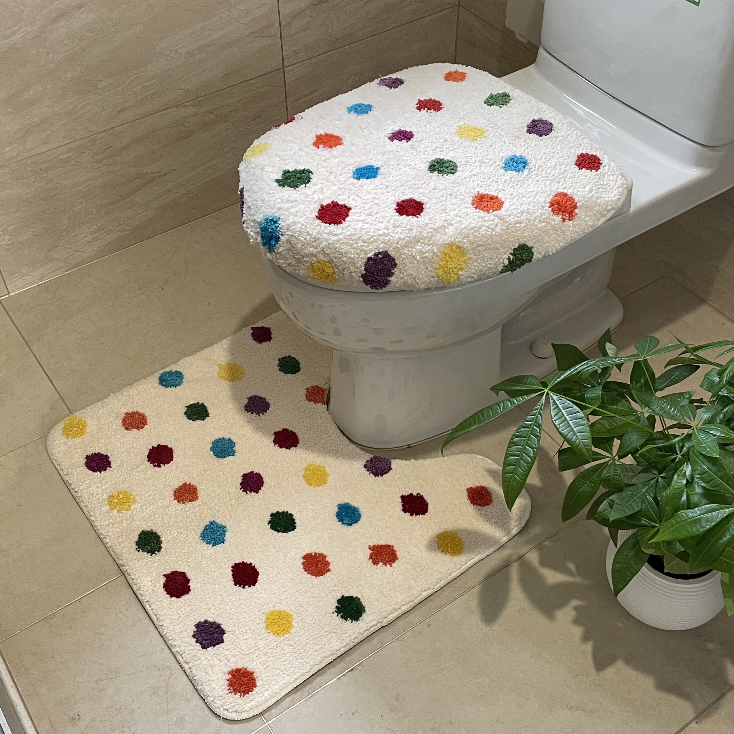 简约ins风彩色波点马桶盖套两件套洗手间浴室O型U型通用秋冬毛绒
