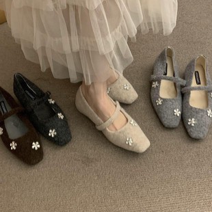 内增高法式玛丽珍鞋女2025新款秋冬方头浅口水钻一字扣带毛毛单鞋