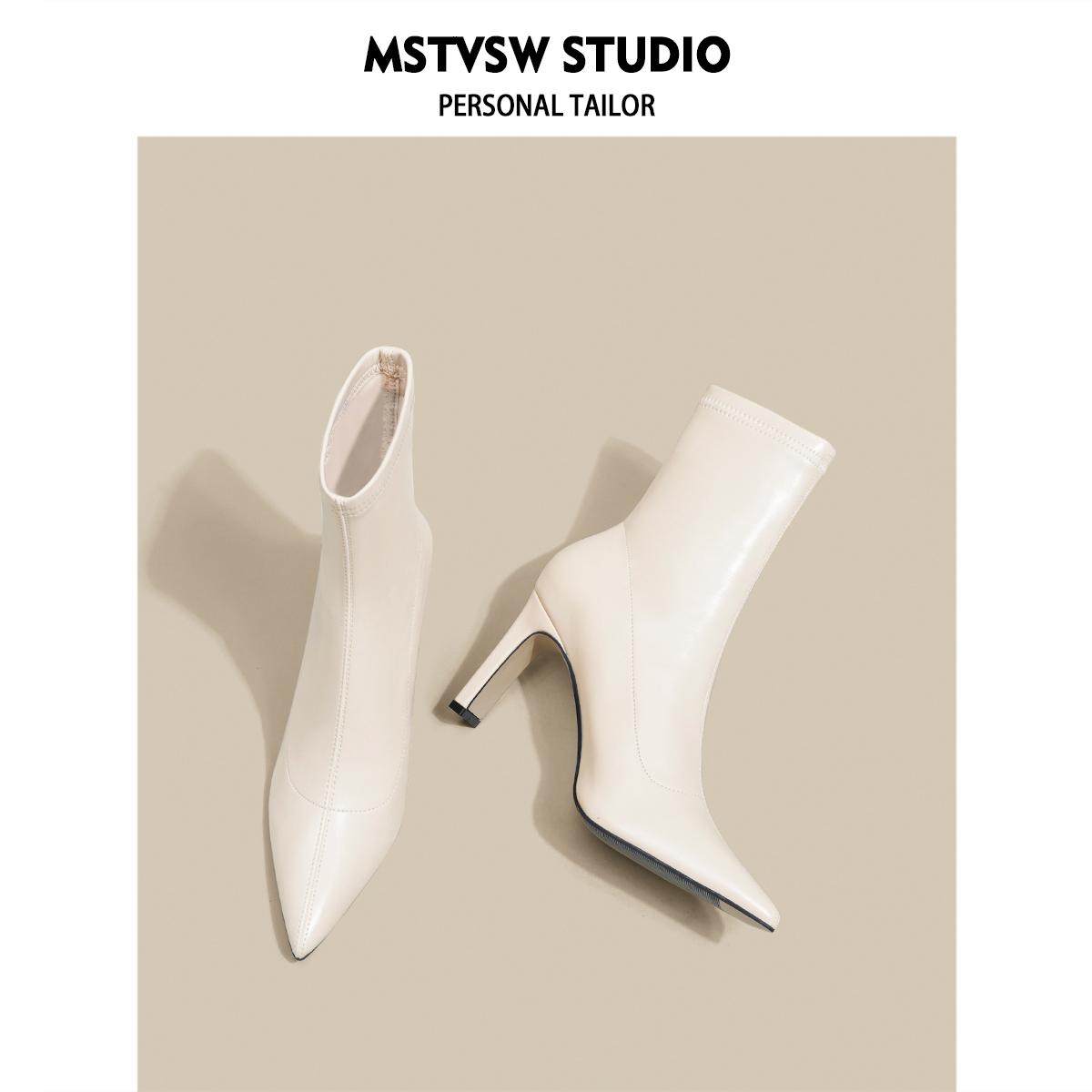 法式白色高跟短靴2024年冬季新款加绒粗跟百搭弹力瘦瘦靴尖头女靴,女鞋,弹力靴/袜靴,淘宝优惠券,粉丝福利购,淘宝优惠卷