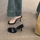 高跟凉拖鞋 性感黑色露趾透明一字带细跟女凉鞋 女外穿2025夏季 新款