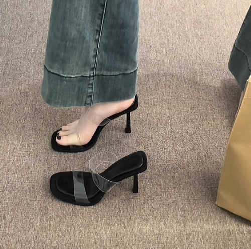 透明外穿一字带黑色女凉鞋性感