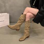 复古棕色V口堆堆中筒长靴女鞋 2024春秋冬季 尖头西部牛仔长筒靴子