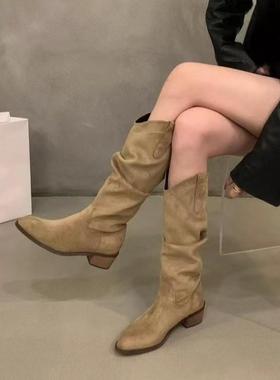 复古棕色V口堆堆中筒长靴女鞋2024春秋冬季尖头西部牛仔长筒靴子