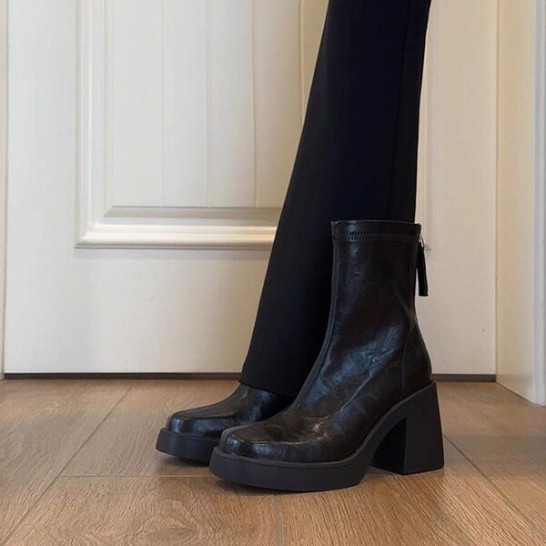 法式方头粗跟短靴女加绒2025新款黑色气质百搭后拉链高跟瘦瘦靴子,女鞋,时装靴,淘宝优惠券,粉丝福利购,淘宝优惠卷