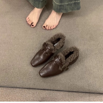 法式方头粗跟玛丽珍女鞋加绒