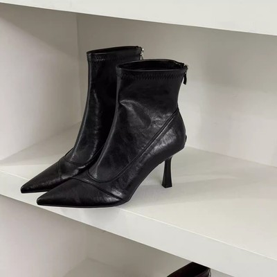 法式高级感棕色尖头细跟短靴女