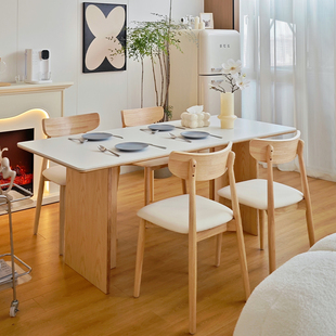 句点 德利丰岩板奶油风实木餐桌椅组合小户型原木风洞石家用桌子