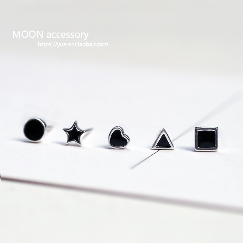 黑色三角圆形纯银潮男小众风耳钉