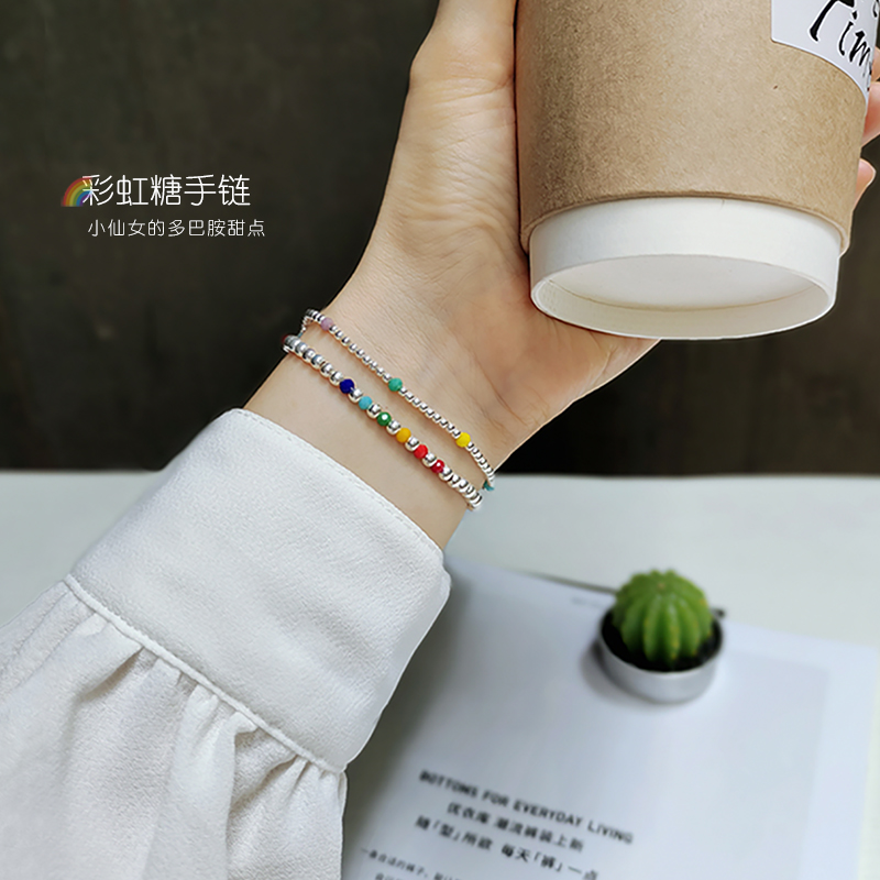 彩虹糖圆珠手链925纯银 原创多巴胺糖果彩色铃铛手饰ins小众设计