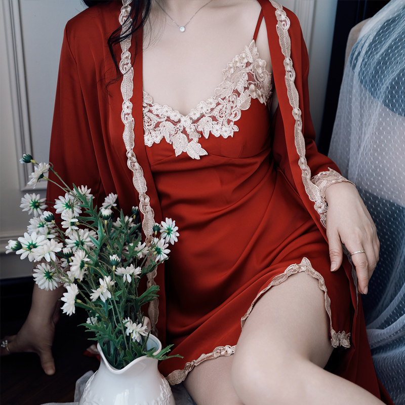 时光记春夏吊带胸垫睡裙五件套红色新娘情侣睡衣新婚送礼盒装闺蜜