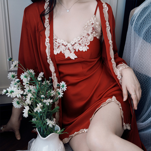 时光记春夏吊带胸垫睡裙五件套红色新娘情侣睡衣新婚送礼盒装闺蜜