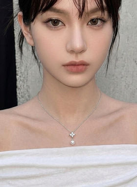 铜闪锆珍珠项链女设计感锁项链