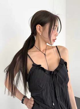 韩国小众黑绳双水滴项链女高级感