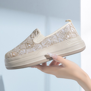 汤姆斯女鞋 增高帆布鞋 厚底休闲鞋 蕾丝一脚蹬懒人乐福鞋 夏季 Tt&Mm