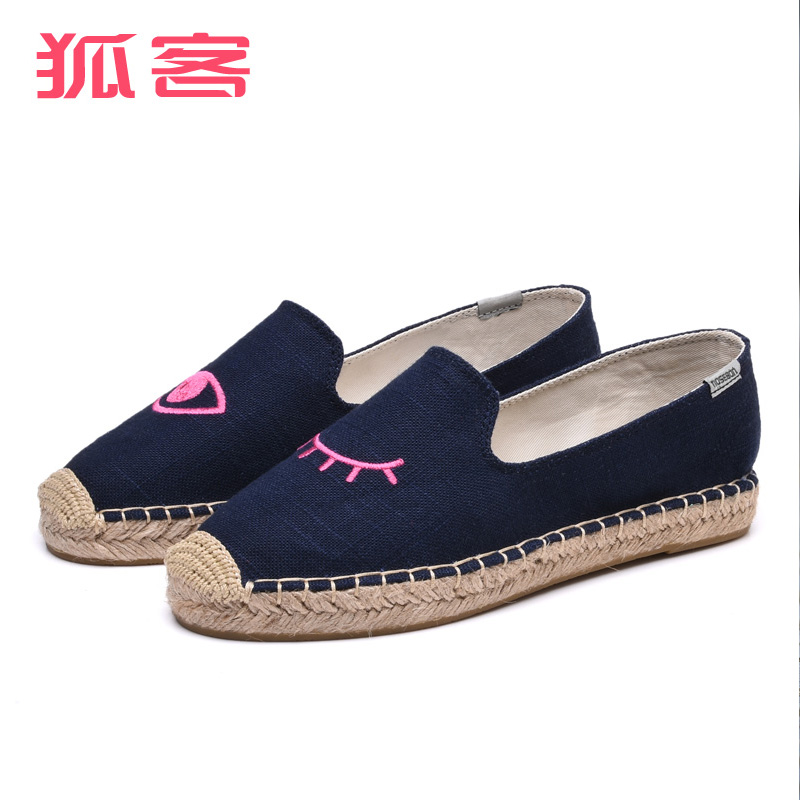 厚底漁夫鞋女鞋狐客小香風(fēng)開(kāi)車鞋夏草編刺繡樂(lè)福鞋女一腳蹬懶人鞋
