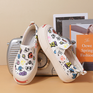 Tt&Mm/汤姆斯女鞋可爱厚底松糕乐福鞋2024春季新款涂鸦板鞋帆布鞋