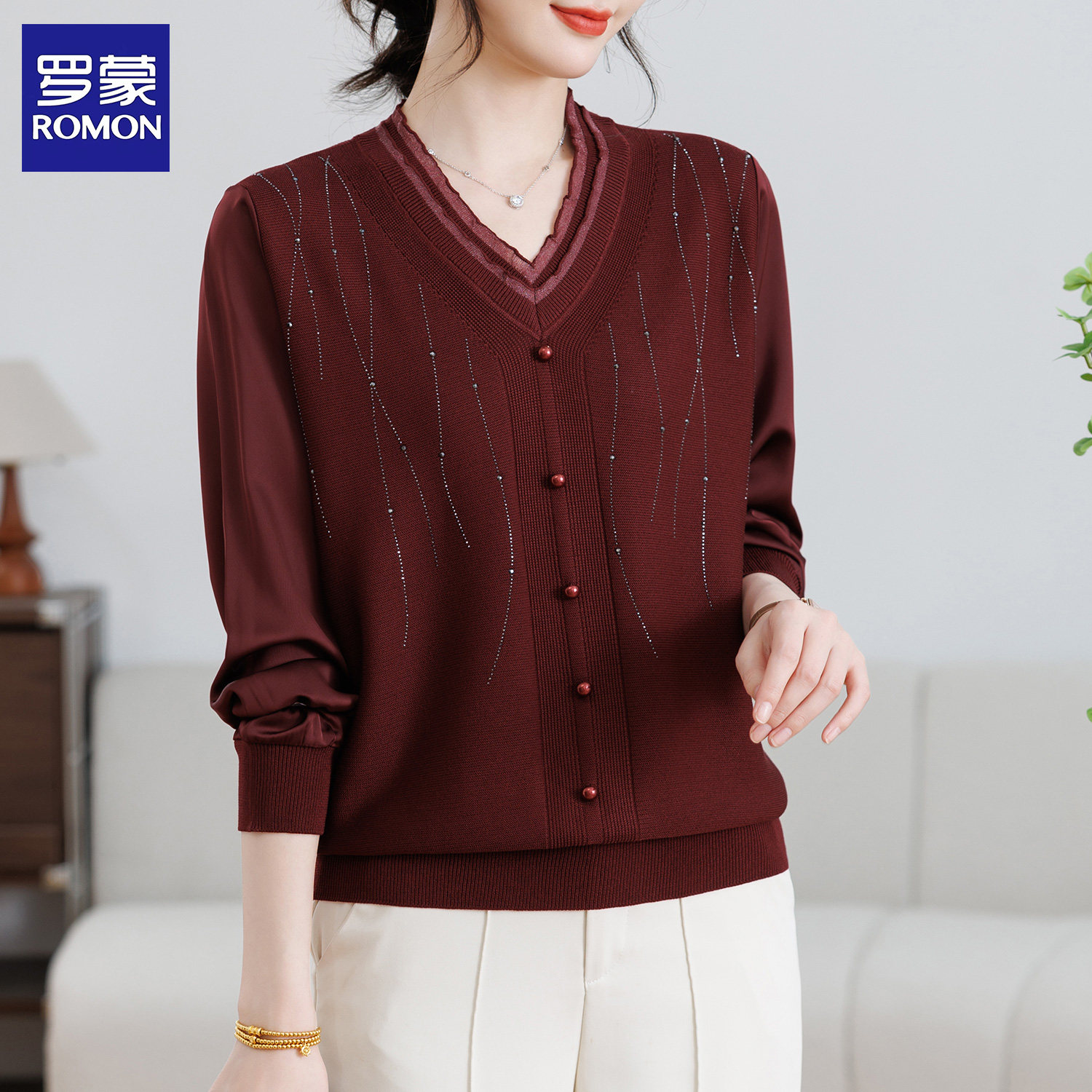 罗蒙妈妈装春装T恤长袖小衫洋气新款50多岁中老年女时髦上衣高贵 - 罗蒙中老年服饰总店出品