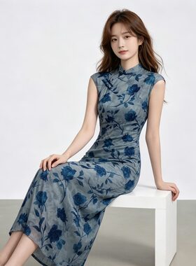2026夏季女装蓝色花朵立领盘扣连衣裙子复古新中式轻国风改良旗袍