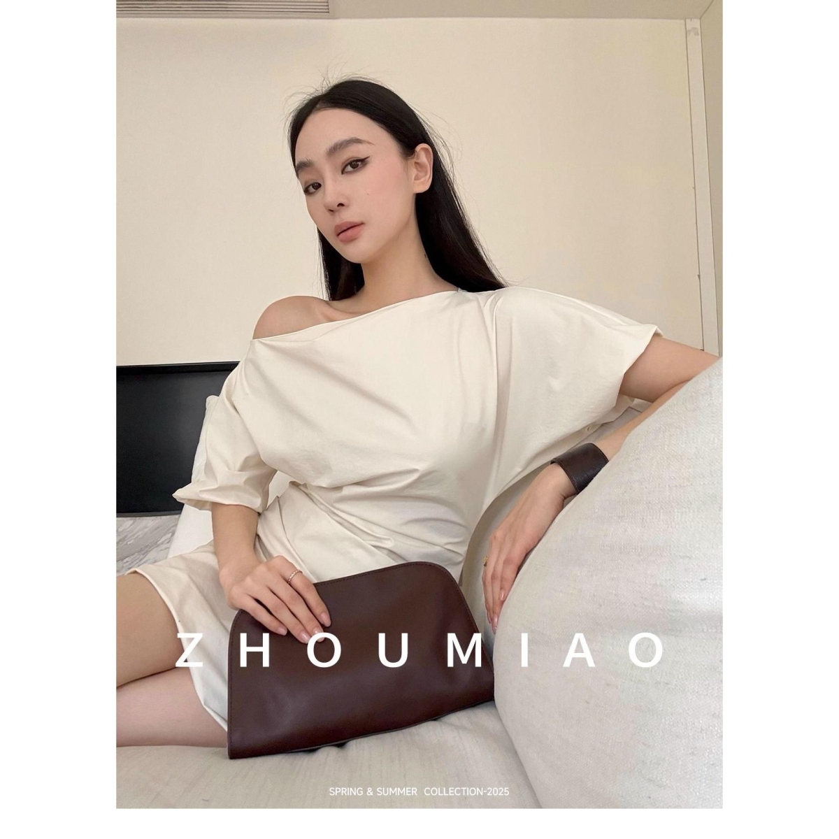 周淼OUMIAO艺展缪斯裙米白色斜肩两穿露肩收腰连衣裙女夏短裙子