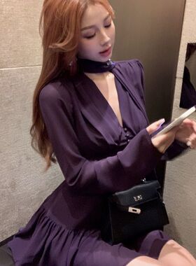 紫色v领长袖雪纺连衣裙女早秋修身气质短裙御姐轻熟风收腰a字裙子