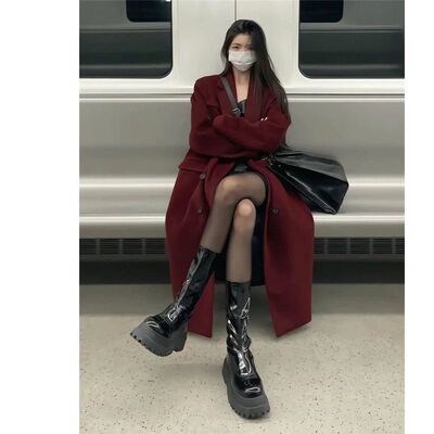 复古红色呢子大衣女秋冬新款韩系小个子宽松高级感中长款毛呢外套