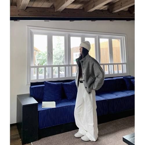 灰色立领棒球服短外套女秋季2025新款美式复古单排扣宽松夹克上衣