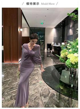 自带胸垫专柜货大码高级感紫色抹胸连衣裙御姐设计感假两件包臀裙