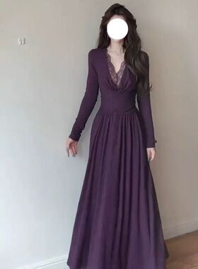 【原版面料】韩版通勤甜美V领蕾丝拼接长袖收腰连衣裙女2025秋季