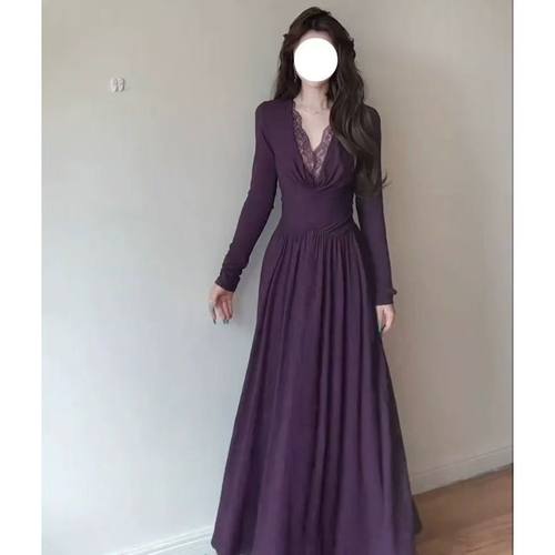 【原版面料】韩版通勤甜美V领蕾丝拼接长袖收腰连衣裙女2025秋季