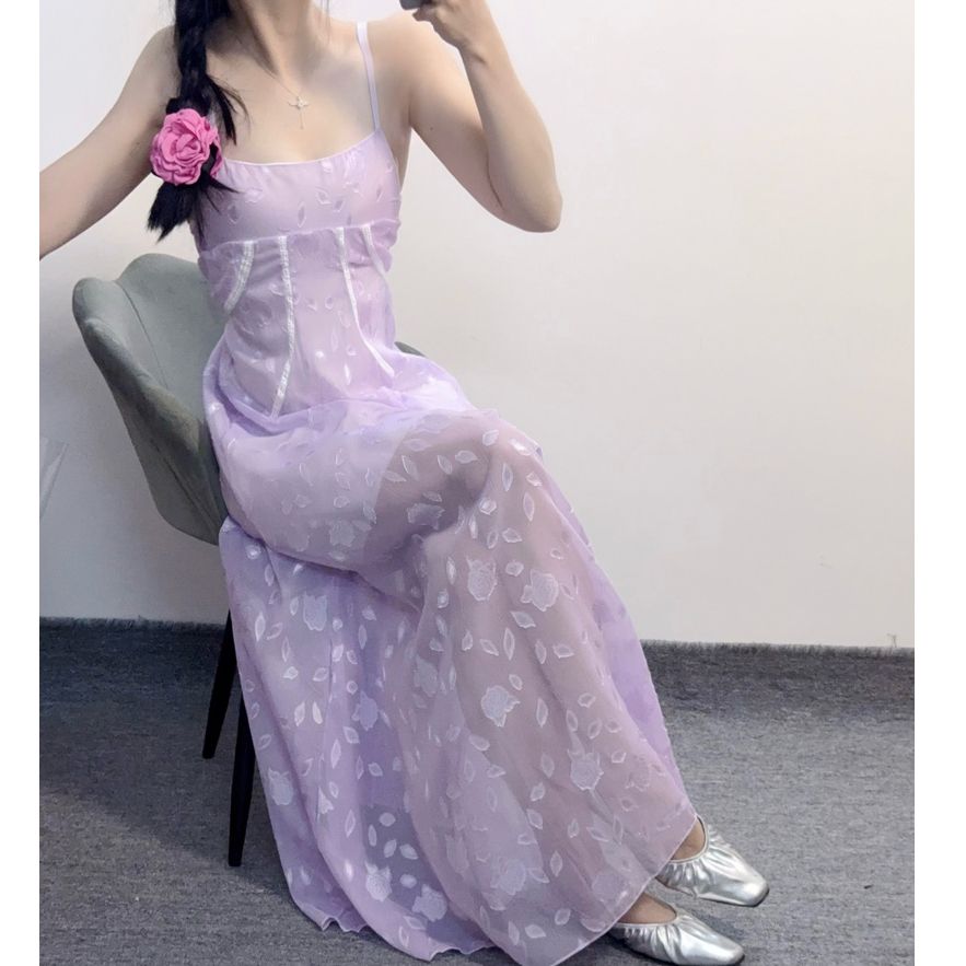 夏高级性感海边度假绝美沙滩收腰长裙法式紫色碎花吊带连衣裙仙女