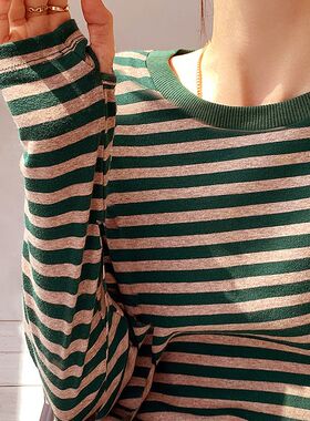 3303官图260克彩棉条纹长袖T恤女2026年新款内搭打底衫春秋