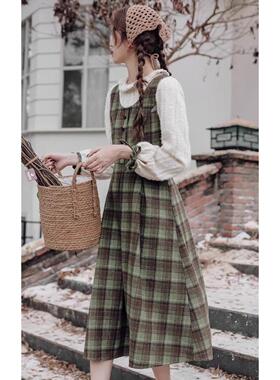 学院风假两件绿色格子连衣裙子秋冬季女装2025新款小个子穿搭长裙