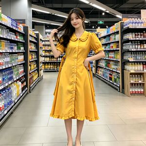 夏季韩版复古娃娃领茶歇裙女收腰显瘦小个子中长款气质百搭连衣裙