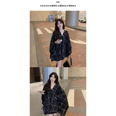 小香风黑色中长款格子毛呢外套女秋冬宽松百搭小个子斗篷披肩大衣