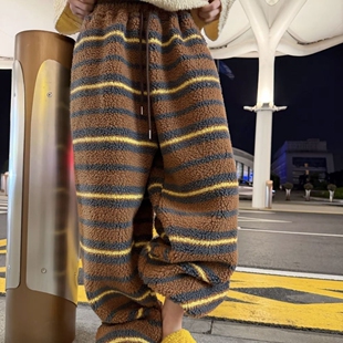 宽松复古长裤 1675实价加厚保暖600克条纹阔腿裤 秋冬款