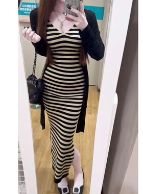春秋针织外套条纹吊带连衣裙女法式包臀掐腰长裙子加开衫两件套装