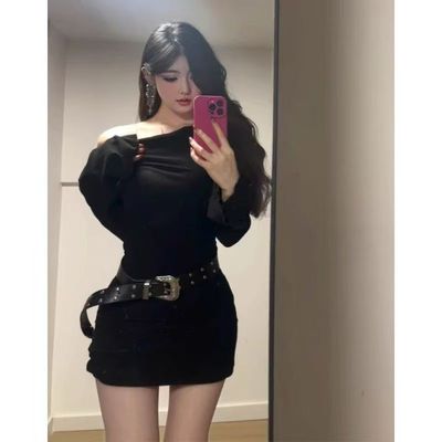 【配腰带】辣妹一字肩长袖短款连衣裙女纯欲外穿修身显瘦气质短裙