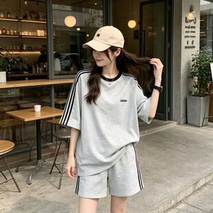 美式复古休闲运动服套装女款夏季韩版学生休闲宽松短袖短裤两件套
