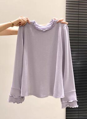人棉抓毛320克质量韩系紫色长袖拼接木耳边百搭上衣ins