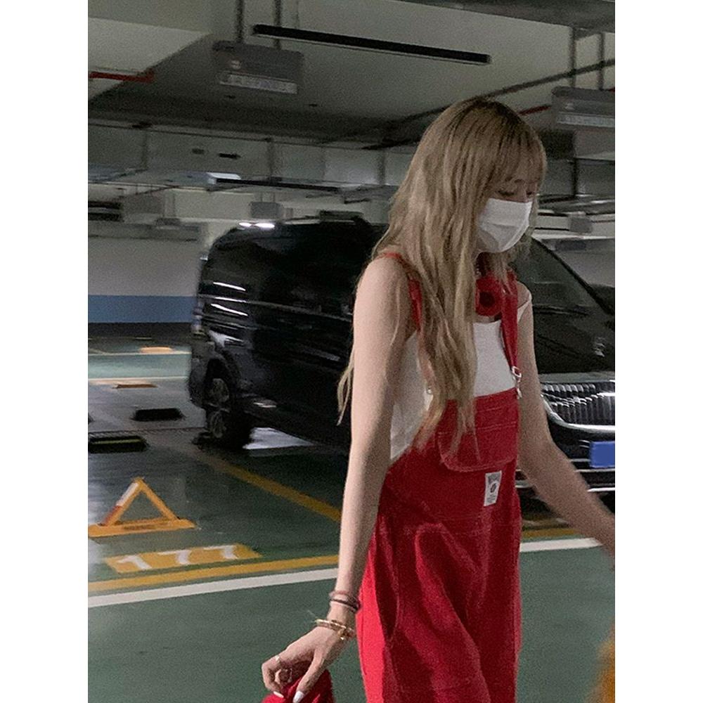 春秋季美式牛仔背带裤女裤宽松复古红色直筒裤子ins潮流