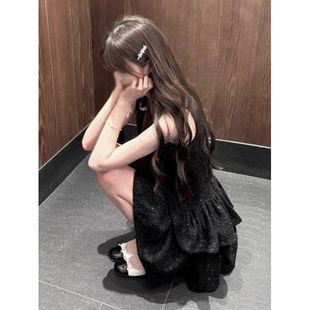 小香风黑色背心挂脖连衣裙女夏小个子气质收腰显瘦生日蛋糕裙 法式