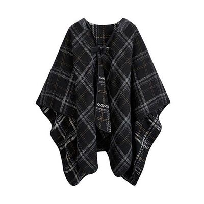 小香风黑色中长款格子毛呢外套女秋冬宽松百搭小个子斗篷披肩大衣