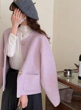 2025秋冬新款粉紫色学生小香风短款宽松圆领小个子外套女潮