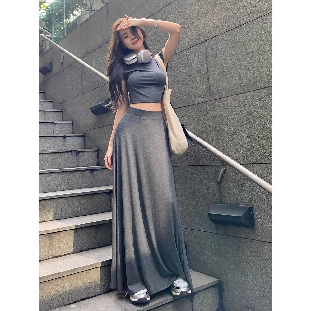 高个子连衣裙套装女夏灰色慵懒高腰拖地半身长裙+辣妹露脐短袖T恤